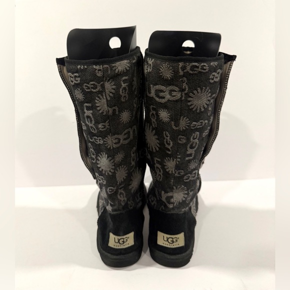 UGG Australia Tall Logo Knit Button Boots Women’s 8 Black Gray Shearling - Picture 3 of 14